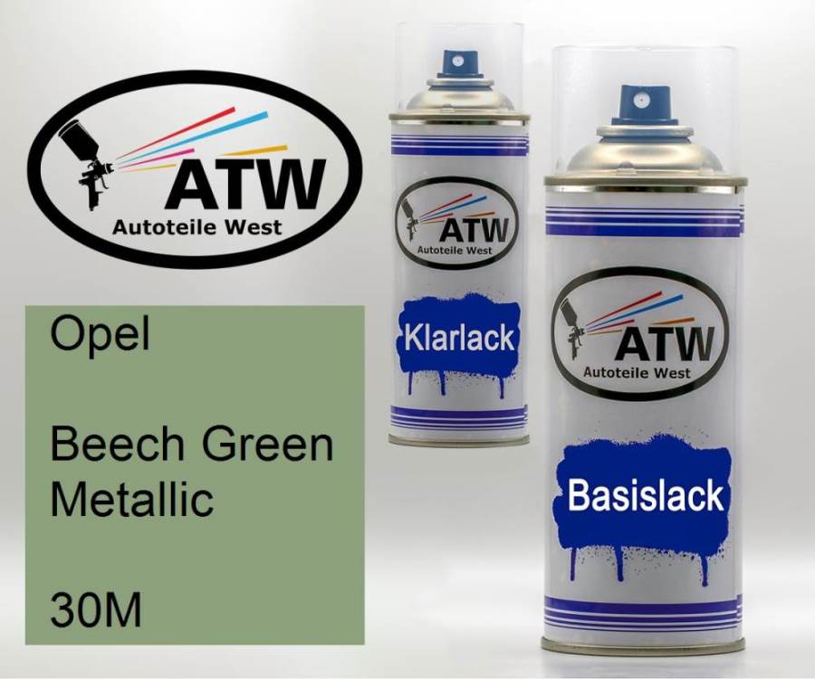 Opel, Beech Green Metallic, 30M: 400ml Sprühdose + 400ml Klarlack - Set, von ATW Autoteile West.